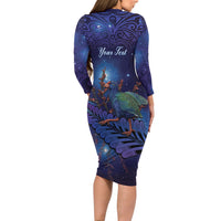 Takahe New Zealand Personalised Long Sleeve Bodycon Dress Harakeke Silver Fern Maori Pattern LT22 - Polynesian Pride