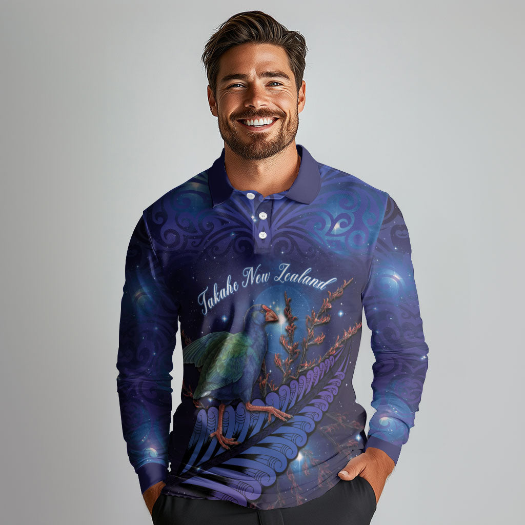 Takahe New Zealand Personalised Long Sleeve Polo Shirt Harakeke Silver Fern Maori Pattern