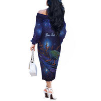 Takahe New Zealand Personalised Off The Shoulder Long Sleeve Dress Harakeke Silver Fern Maori Pattern LT22 - Polynesian Pride