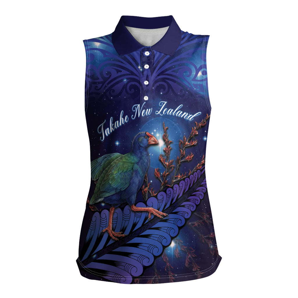 Takahe New Zealand Personalised Women Sleeveless Polo Shirt Harakeke Silver Fern Maori Pattern LT22 Female Blue - Polynesian Pride