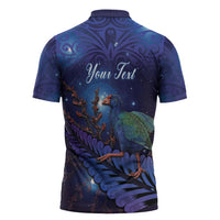 Takahe New Zealand Personalised Zipper Polo Shirt Harakeke Silver Fern Maori Pattern LT22 - Polynesian Pride