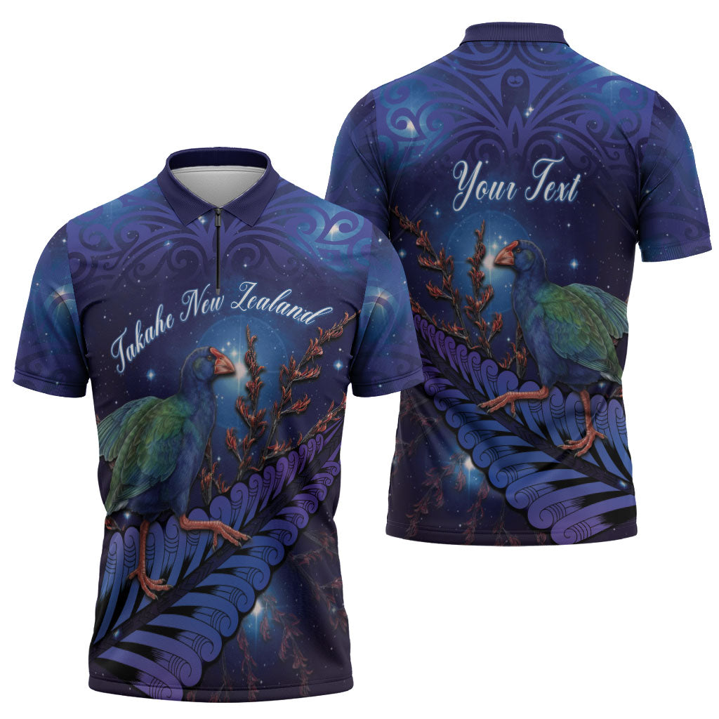 Takahe New Zealand Personalised Zipper Polo Shirt Harakeke Silver Fern Maori Pattern LT22 - Polynesian Pride