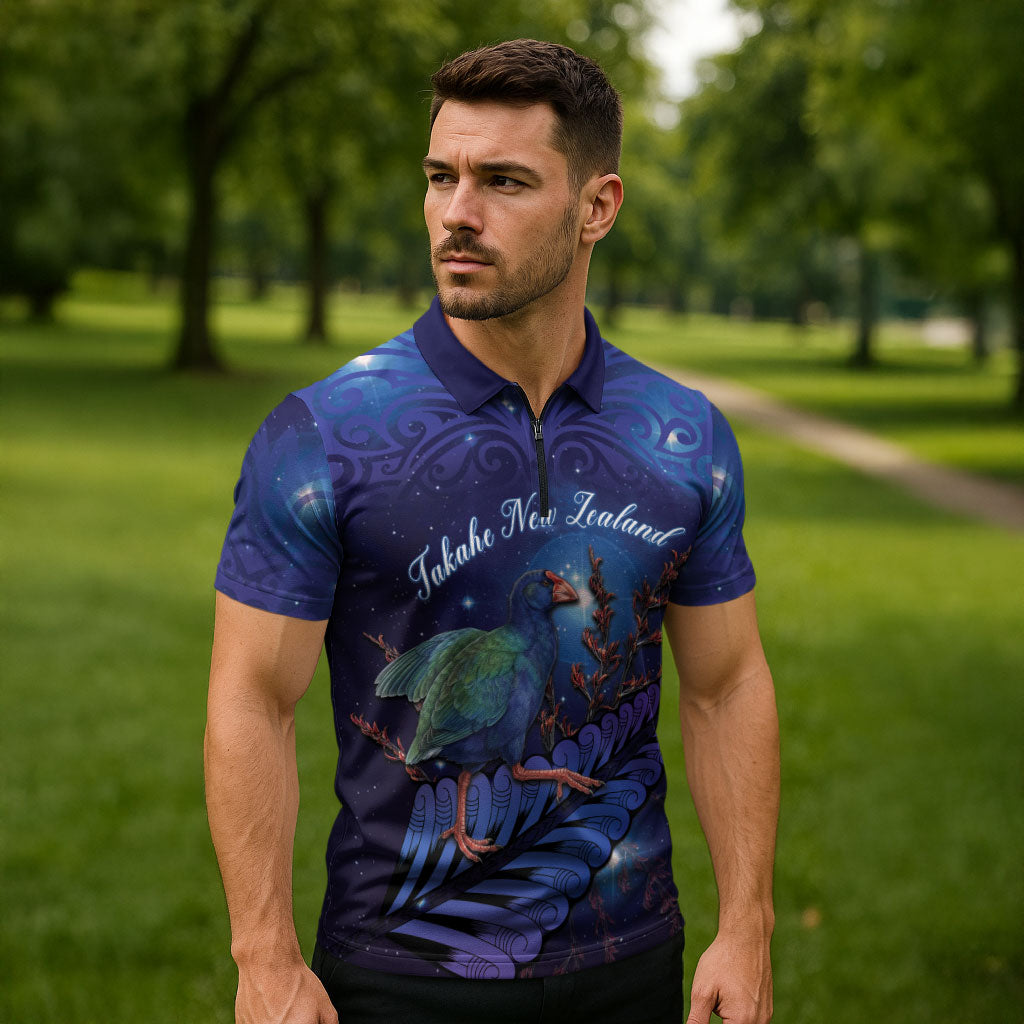 Takahe New Zealand Personalised Zipper Polo Shirt Harakeke Silver Fern Maori Pattern LT22 - Polynesian Pride