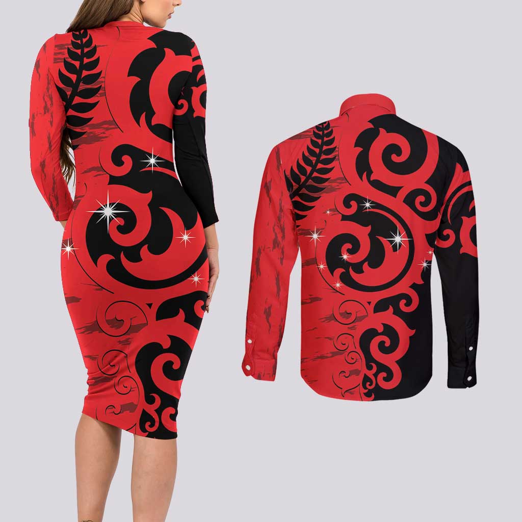 New Zealand Matariki Couples Matching Long Sleeve Bodycon Dress and Long Sleeve Button Shirt Maori New Year Koru Pattern LT22 - Polynesian Pride