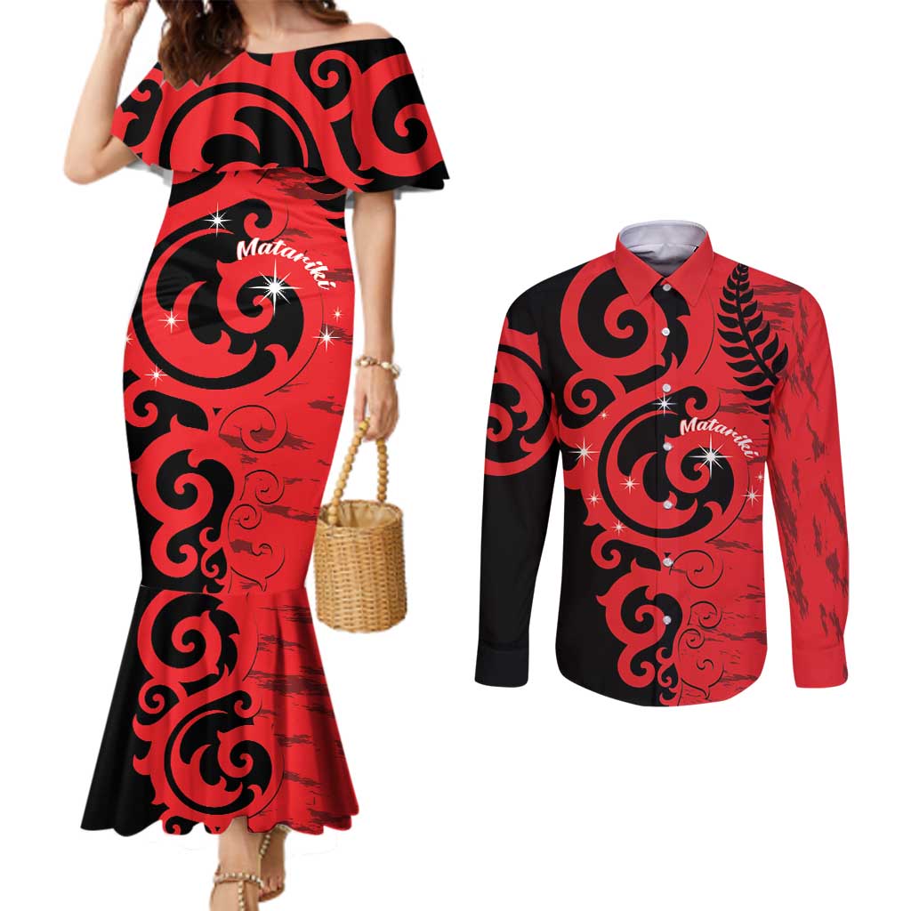 New Zealand Matariki Couples Matching Mermaid Dress and Long Sleeve Button Shirt Maori New Year Koru Pattern LT22 Red - Polynesian Pride