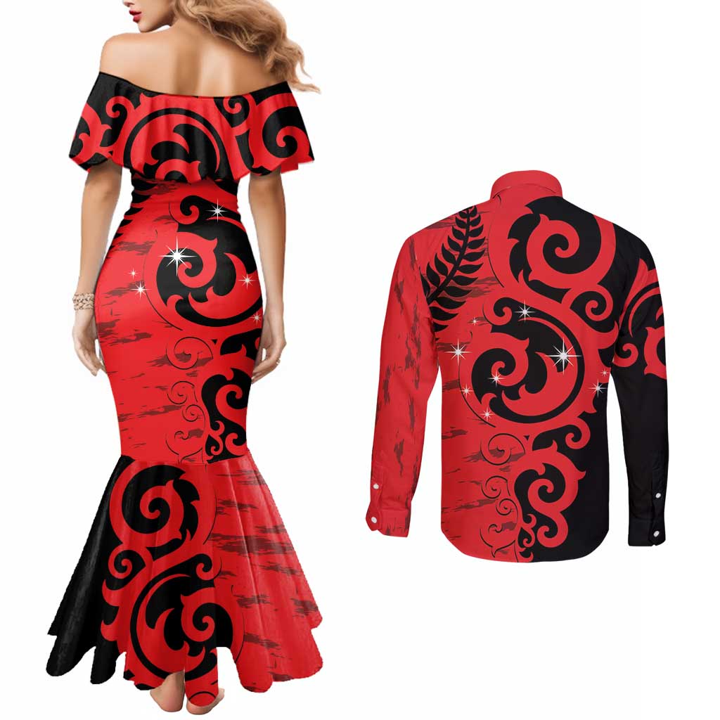New Zealand Matariki Couples Matching Mermaid Dress and Long Sleeve Button Shirt Maori New Year Koru Pattern LT22 - Polynesian Pride