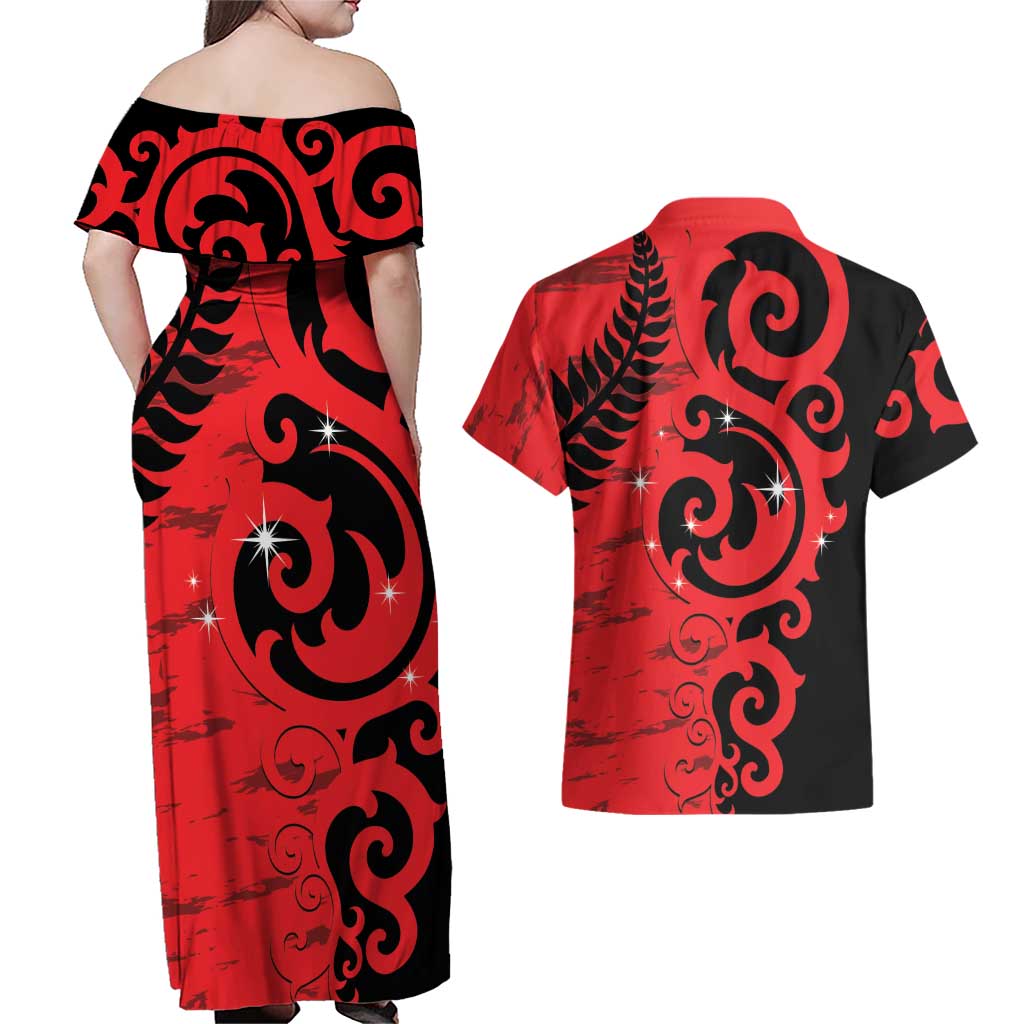 New Zealand Matariki Couples Matching Off Shoulder Maxi Dress and Hawaiian Shirt Maori New Year Koru Pattern LT22 - Polynesian Pride