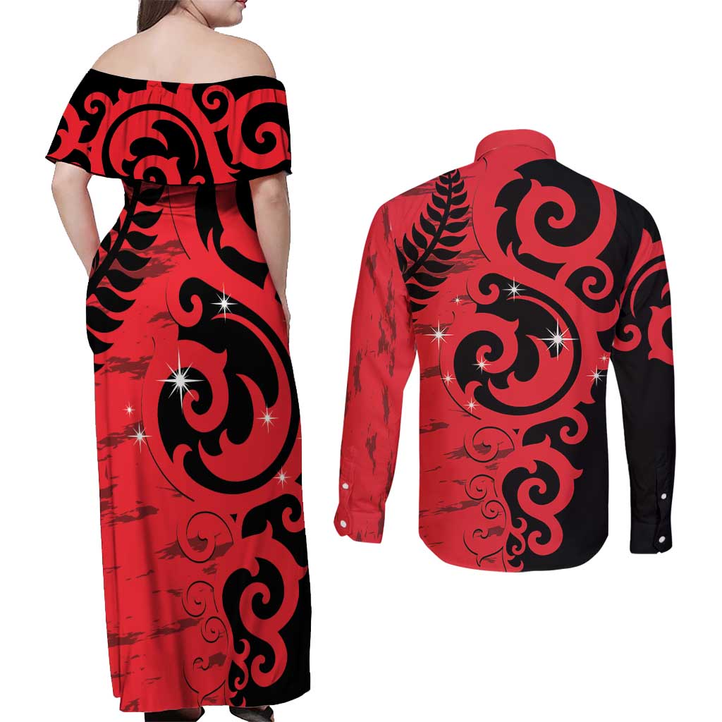 New Zealand Matariki Couples Matching Off Shoulder Maxi Dress and Long Sleeve Button Shirt Maori New Year Koru Pattern LT22 - Polynesian Pride