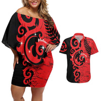 New Zealand Matariki Couples Matching Off Shoulder Short Dress and Hawaiian Shirt Maori New Year Koru Pattern LT22 Red - Polynesian Pride