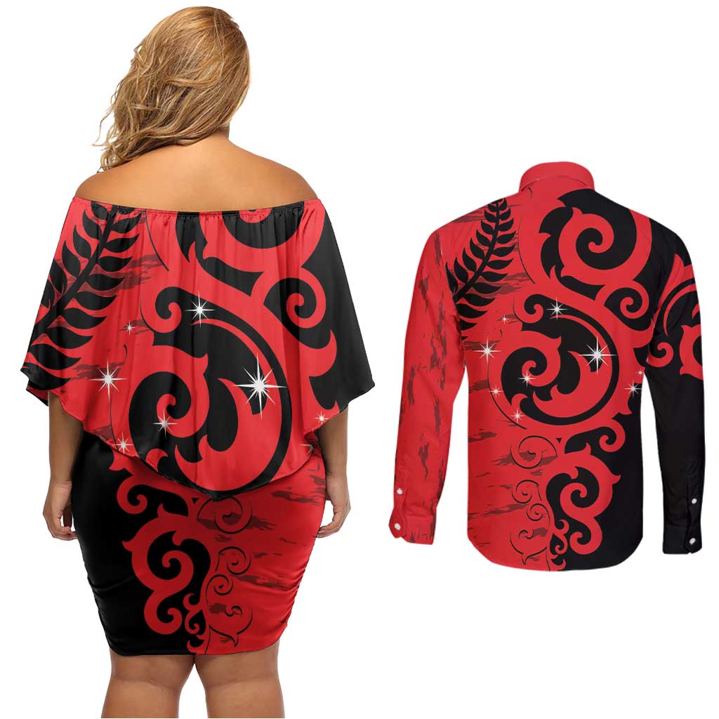 New Zealand Matariki Couples Matching Off Shoulder Short Dress and Long Sleeve Button Shirt Maori New Year Koru Pattern LT22 - Polynesian Pride