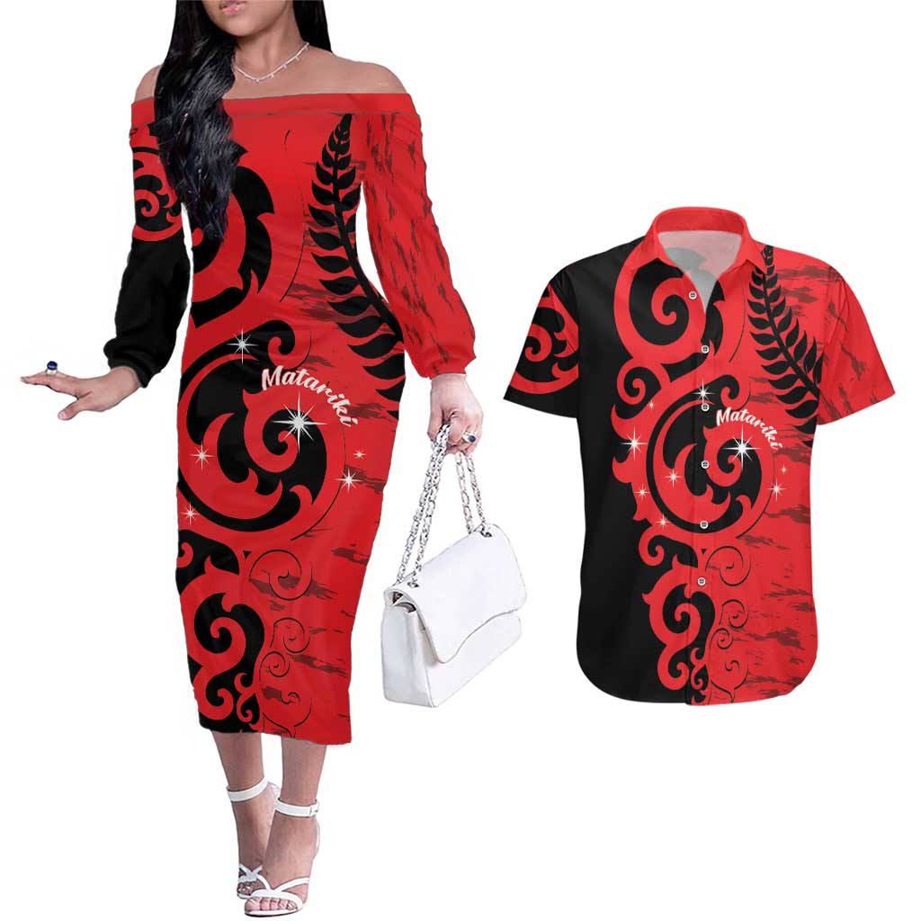 New Zealand Matariki Couples Matching Off The Shoulder Long Sleeve Dress and Hawaiian Shirt Maori New Year Koru Pattern