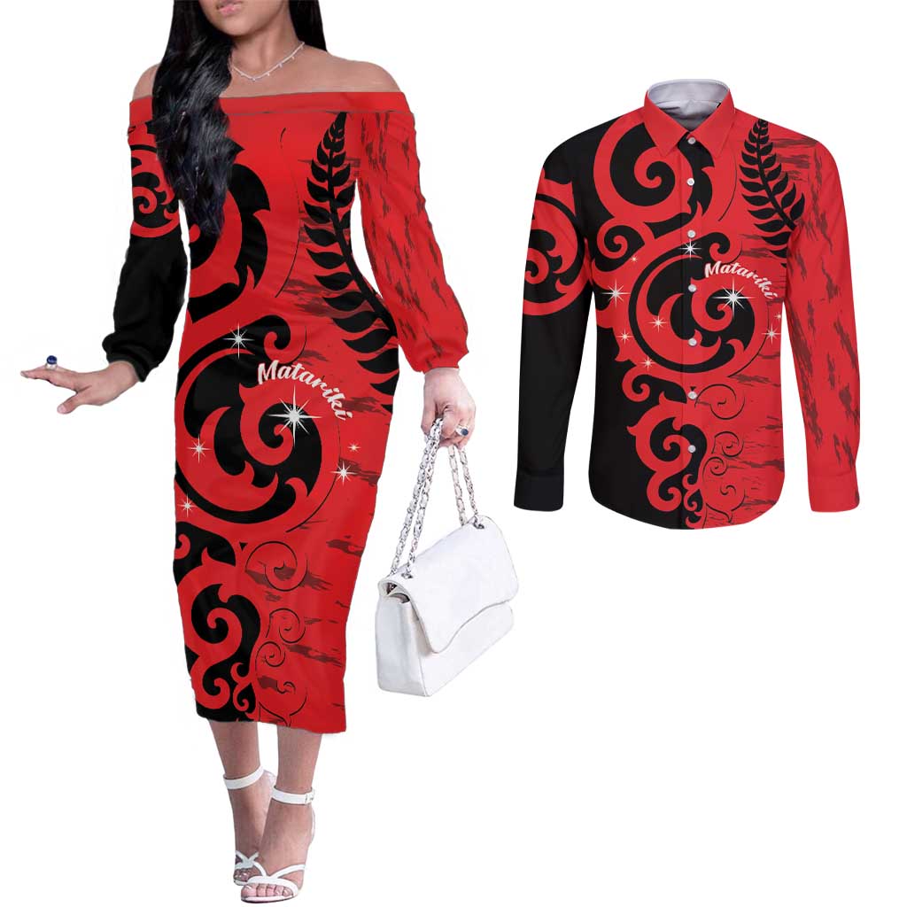 New Zealand Matariki Couples Matching Off The Shoulder Long Sleeve Dress and Long Sleeve Button Shirt Maori New Year Koru Pattern LT22 Red - Polynesian Pride