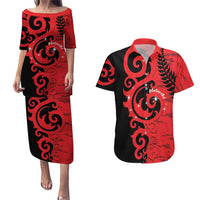 New Zealand Matariki Couples Matching Puletasi and Hawaiian Shirt Maori New Year Koru Pattern LT22 Red - Polynesian Pride