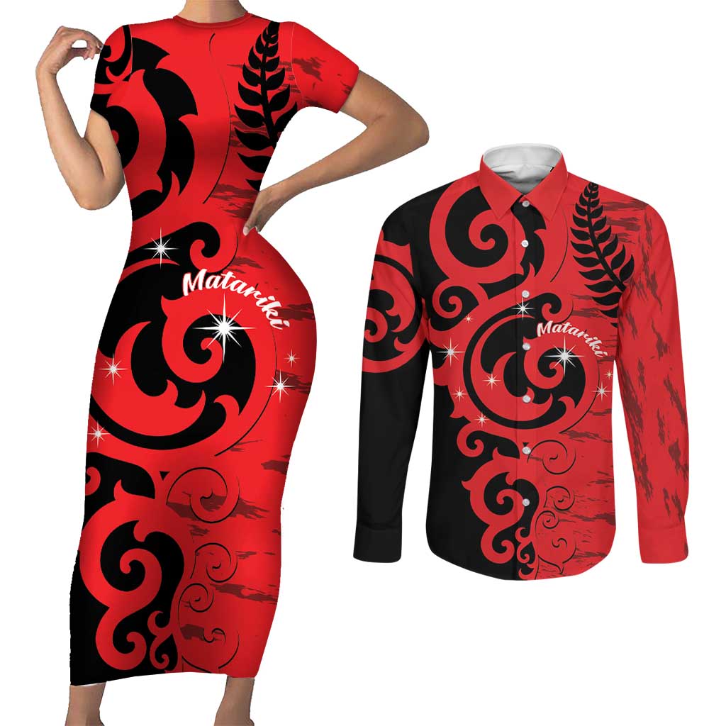 New Zealand Matariki Couples Matching Short Sleeve Bodycon Dress and Long Sleeve Button Shirt Maori New Year Koru Pattern LT22 Red - Polynesian Pride