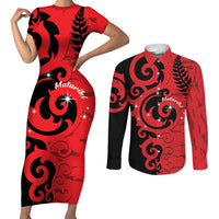 New Zealand Matariki Couples Matching Short Sleeve Bodycon Dress and Long Sleeve Button Shirt Maori New Year Koru Pattern LT22 Red - Polynesian Pride