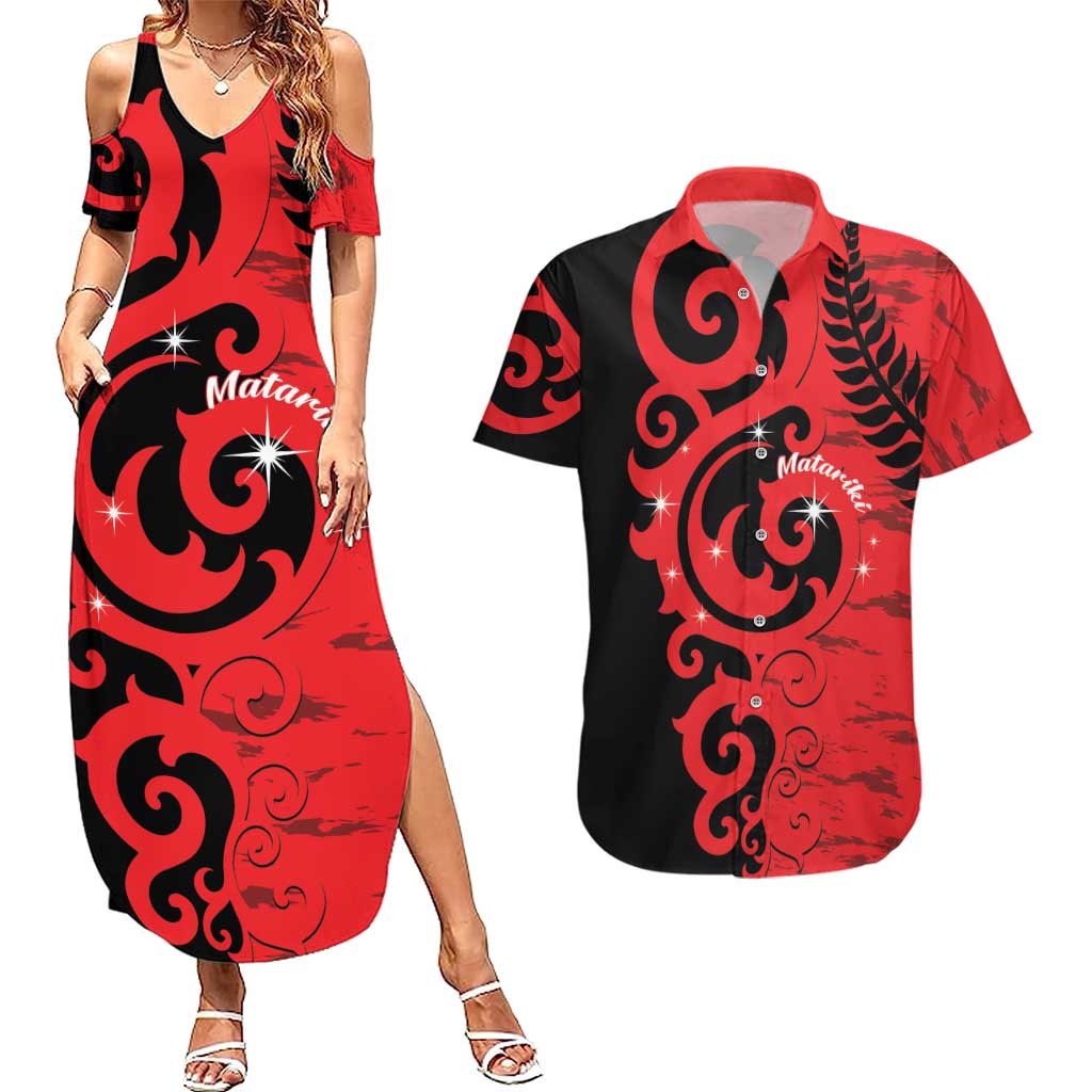 New Zealand Matariki Couples Matching Summer Maxi Dress and Hawaiian Shirt Maori New Year Koru Pattern LT22 Red - Polynesian Pride