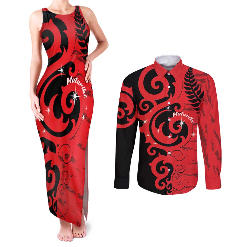 New Zealand Matariki Couples Matching Tank Maxi Dress and Long Sleeve Button Shirt Maori New Year Koru Pattern LT22 Red - Polynesian Pride