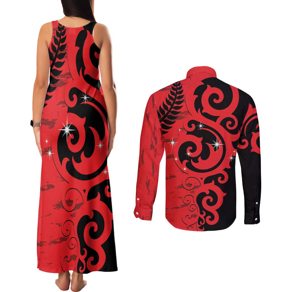 New Zealand Matariki Couples Matching Tank Maxi Dress and Long Sleeve Button Shirt Maori New Year Koru Pattern LT22 - Polynesian Pride
