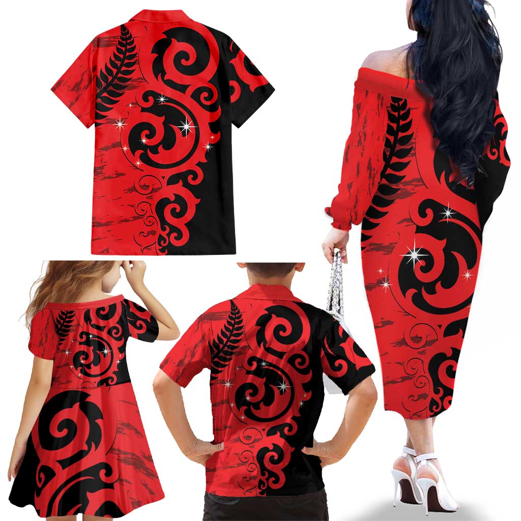New Zealand Matariki Family Matching Off The Shoulder Long Sleeve Dress and Hawaiian Shirt Maori New Year Koru Pattern LT22 - Polynesian Pride