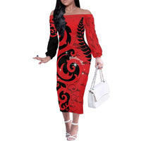New Zealand Matariki Family Matching Off The Shoulder Long Sleeve Dress and Hawaiian Shirt Maori New Year Koru Pattern LT22 Mom's Dress Red - Polynesian Pride