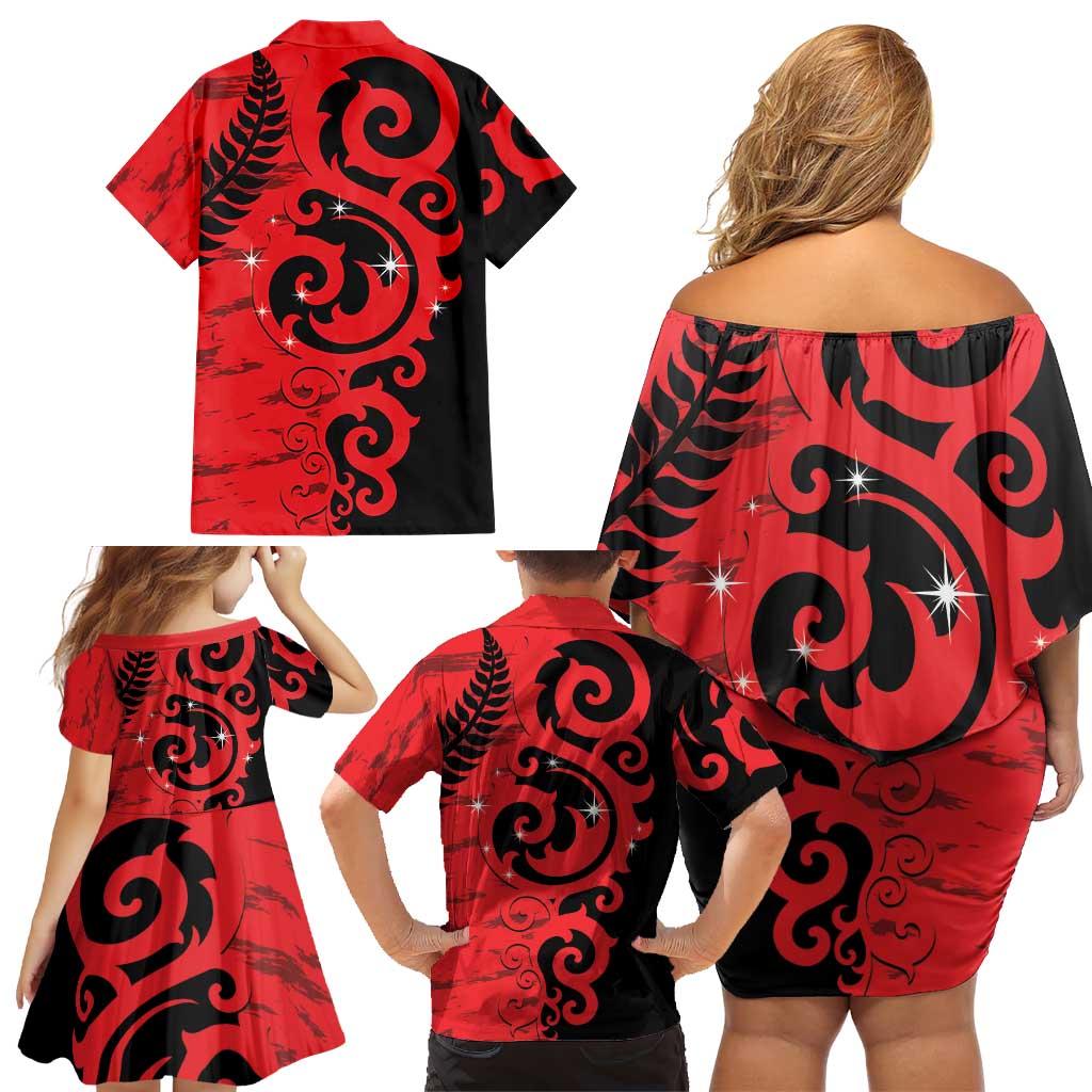 New Zealand Matariki Family Matching Off Shoulder Short Dress and Hawaiian Shirt Maori New Year Koru Pattern LT22 - Polynesian Pride