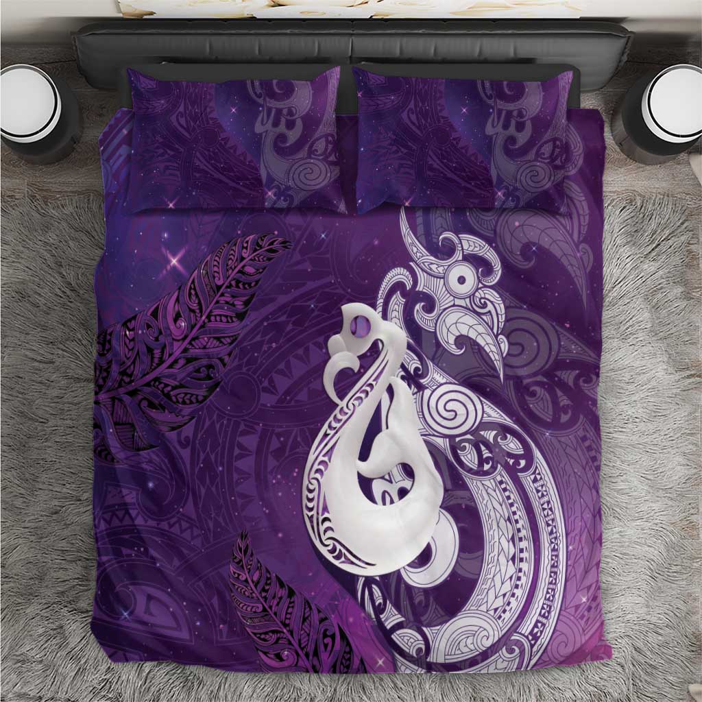 New Zealand Matariki Bedding Set Maori Manaia Galaxy Silver Fern Purple Color