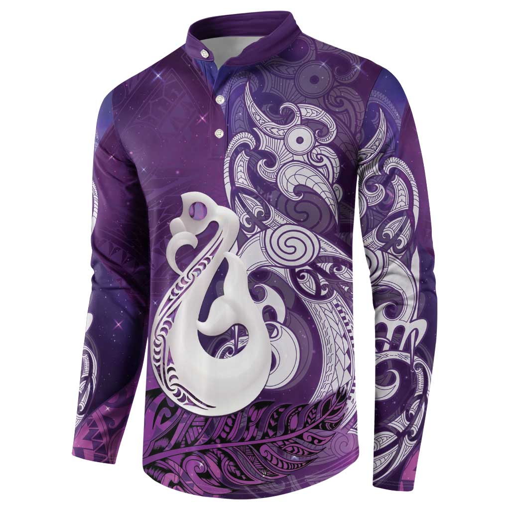 New Zealand Matariki Button Sweatshirt Maori Manaia Galaxy Silver Fern Purple Color LT22 - Polynesian Pride
