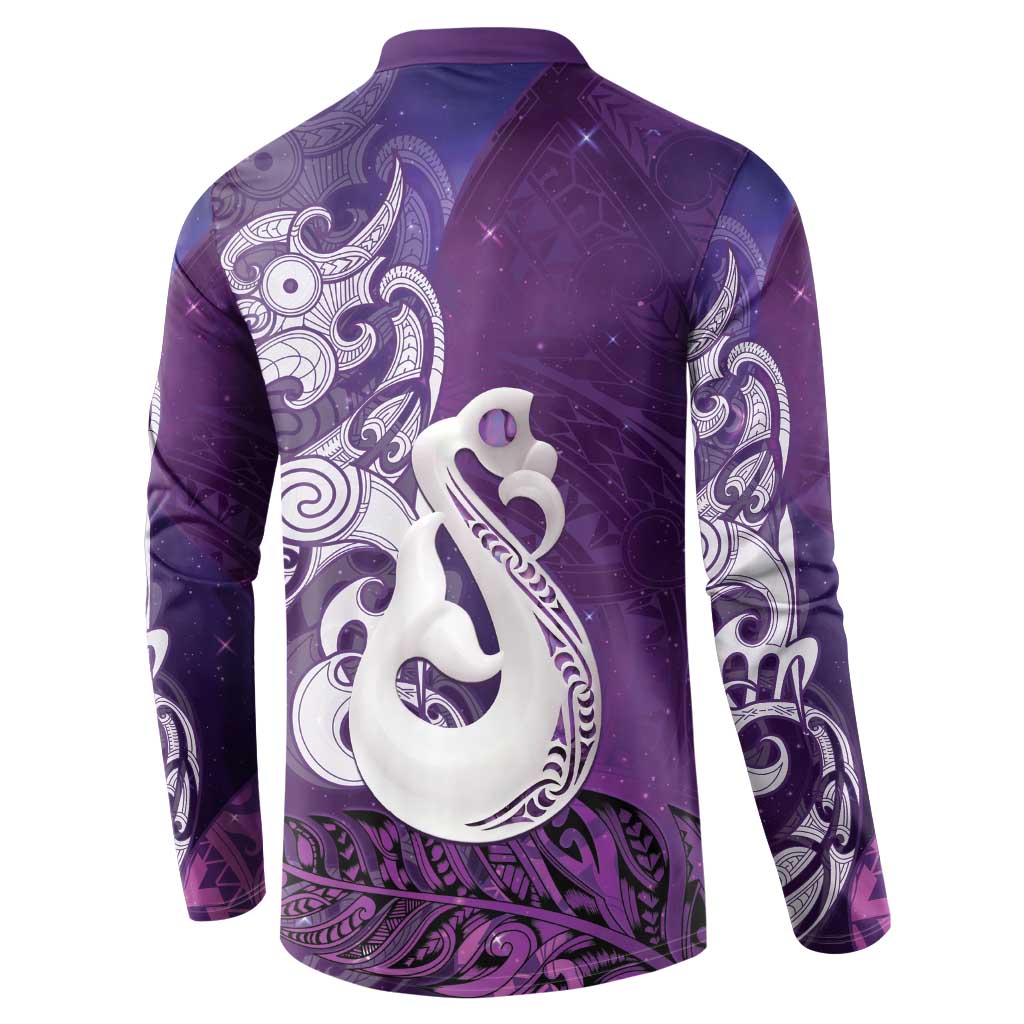 New Zealand Matariki Button Sweatshirt Maori Manaia Galaxy Silver Fern Purple Color LT22 - Polynesian Pride