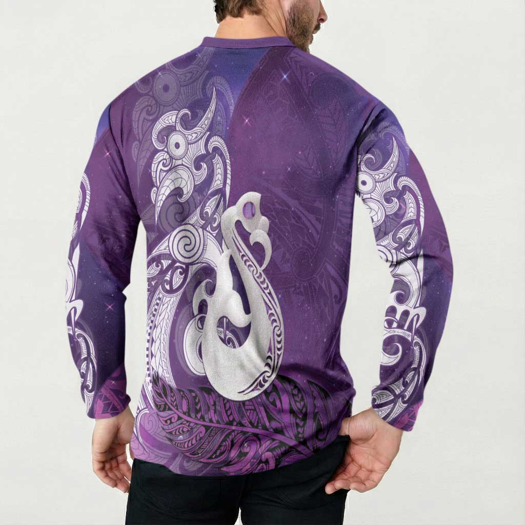 New Zealand Matariki Button Sweatshirt Maori Manaia Galaxy Silver Fern Purple Color LT22 - Polynesian Pride