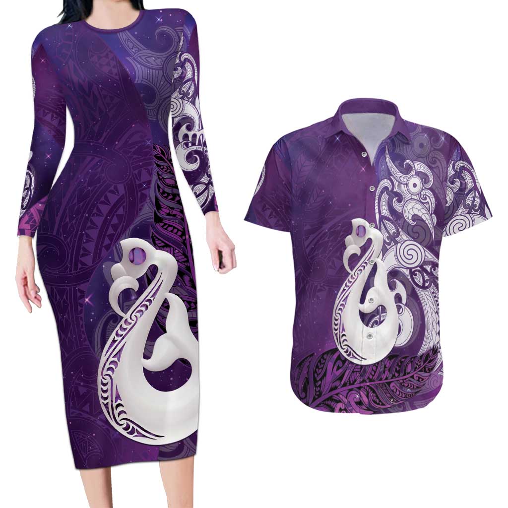 New Zealand Matariki Couples Matching Long Sleeve Bodycon Dress and Hawaiian Shirt Maori Manaia Galaxy Silver Fern Purple Color LT22 Purple - Polynesian Pride