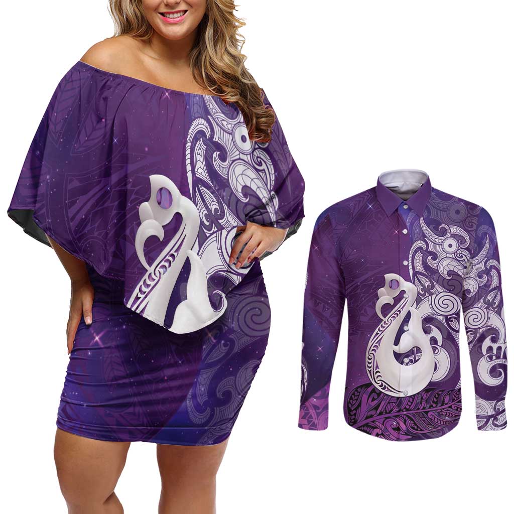 New Zealand Matariki Couples Matching Off Shoulder Short Dress and Long Sleeve Button Shirt Maori Manaia Galaxy Silver Fern Purple Color LT22 Purple - Polynesian Pride