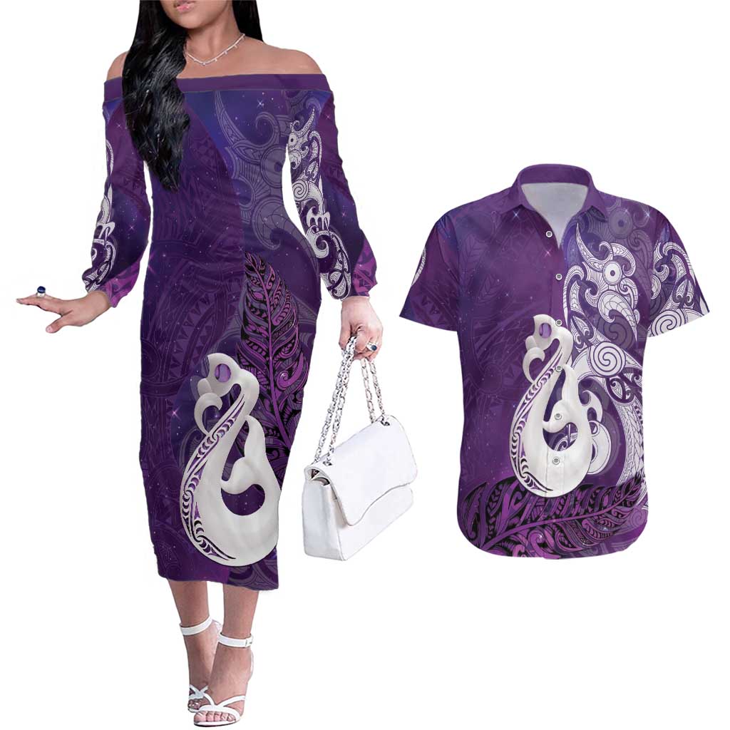 New Zealand Matariki Couples Matching Off The Shoulder Long Sleeve Dress and Hawaiian Shirt Maori Manaia Galaxy Silver Fern Purple Color LT22 Purple - Polynesian Pride