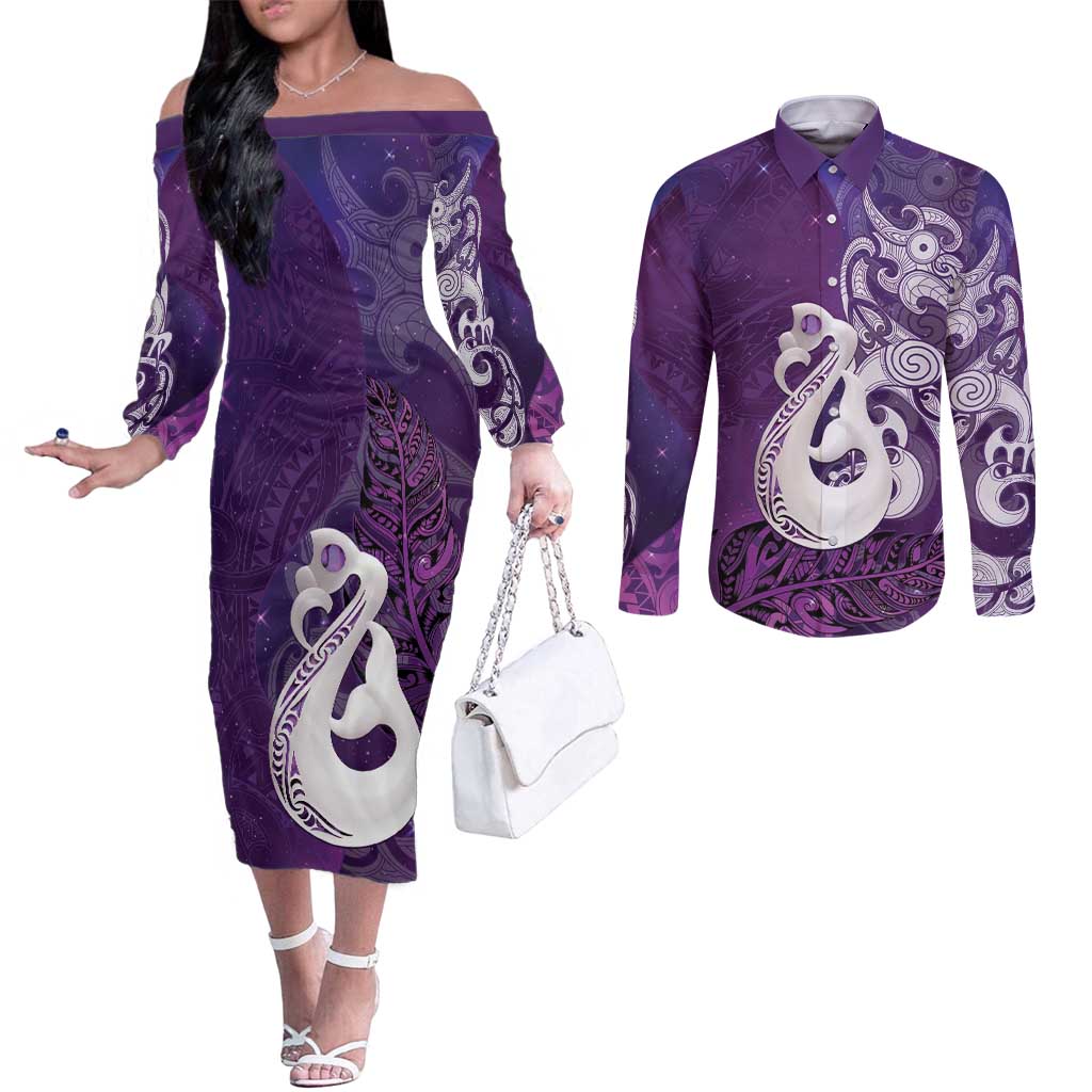 New Zealand Matariki Couples Matching Off The Shoulder Long Sleeve Dress and Long Sleeve Button Shirt Maori Manaia Galaxy Silver Fern Purple Color LT22 Purple - Polynesian Pride