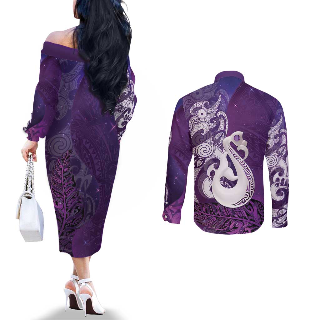 New Zealand Matariki Couples Matching Off The Shoulder Long Sleeve Dress and Long Sleeve Button Shirt Maori Manaia Galaxy Silver Fern Purple Color LT22 - Polynesian Pride