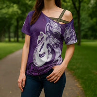 New Zealand Matariki Cross Shoulder Shirt Maori Manaia Galaxy Silver Fern Purple Color
