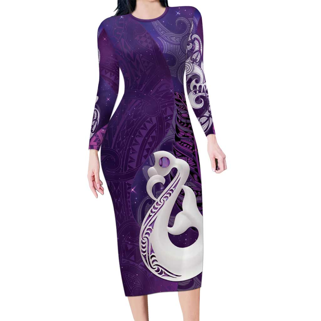 New Zealand Matariki Family Matching Long Sleeve Bodycon Dress and Hawaiian Shirt Maori Manaia Galaxy Silver Fern Purple Color LT22 Mom's Dress Purple - Polynesian Pride