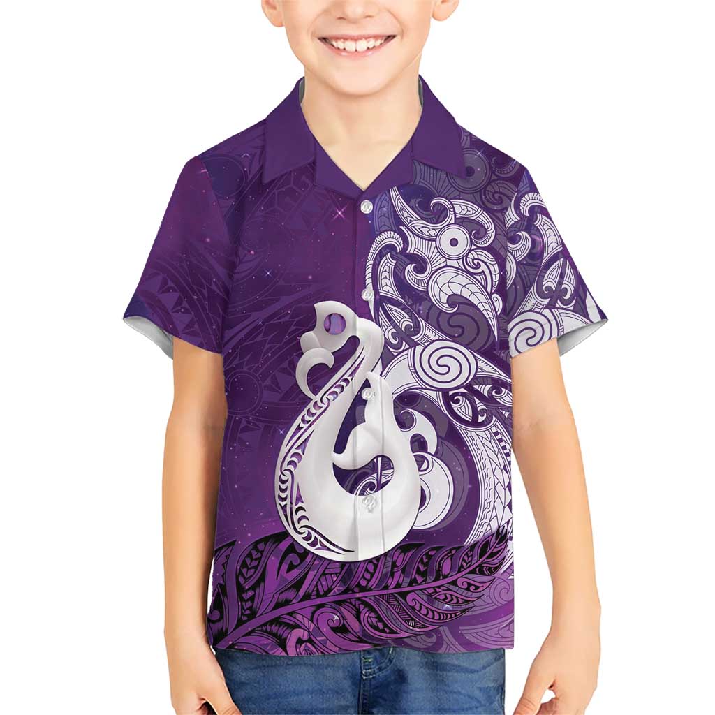 New Zealand Matariki Family Matching Long Sleeve Bodycon Dress and Hawaiian Shirt Maori Manaia Galaxy Silver Fern Purple Color LT22 Son's Shirt Purple - Polynesian Pride