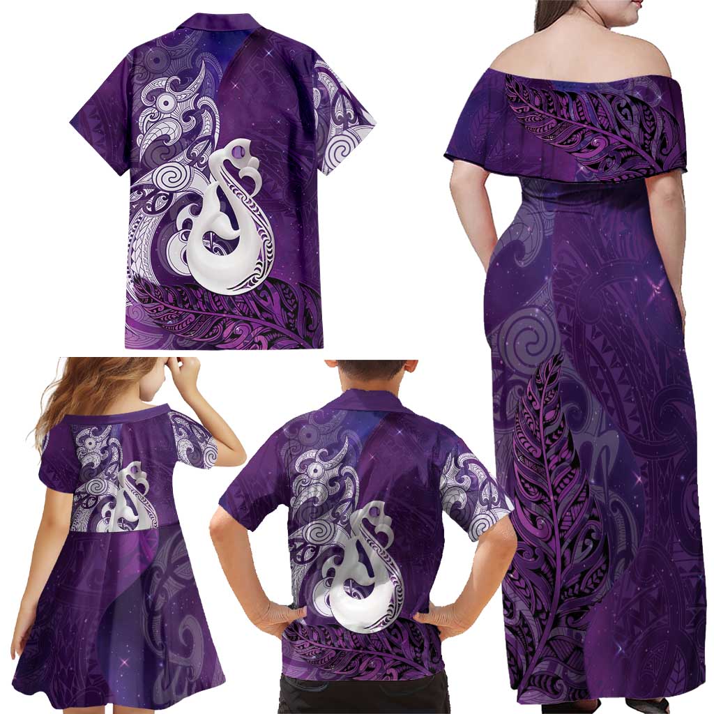 New Zealand Matariki Family Matching Off Shoulder Maxi Dress and Hawaiian Shirt Maori Manaia Galaxy Silver Fern Purple Color LT22 - Polynesian Pride