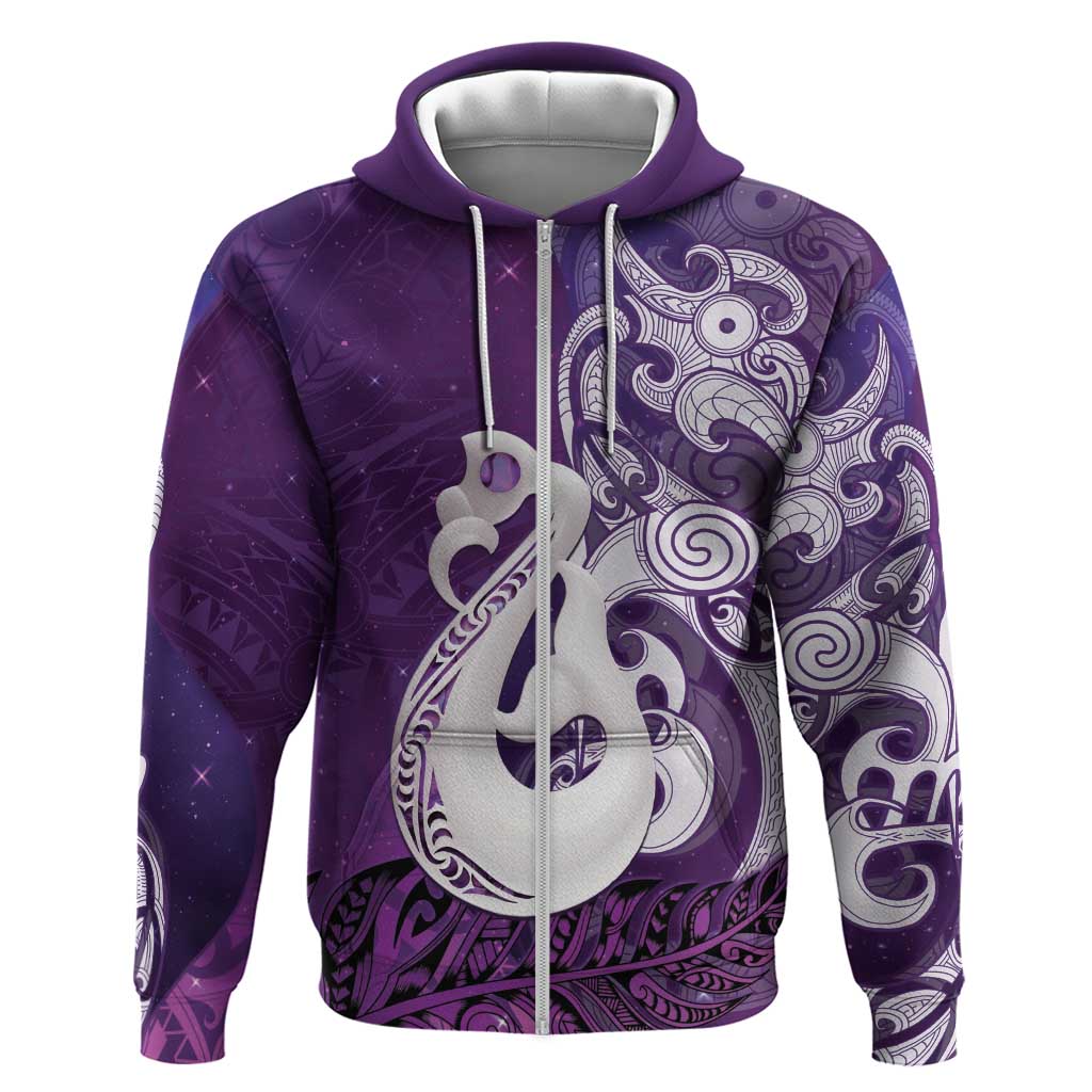 New Zealand Matariki Hoodie Maori Manaia Galaxy Silver Fern Purple Color
