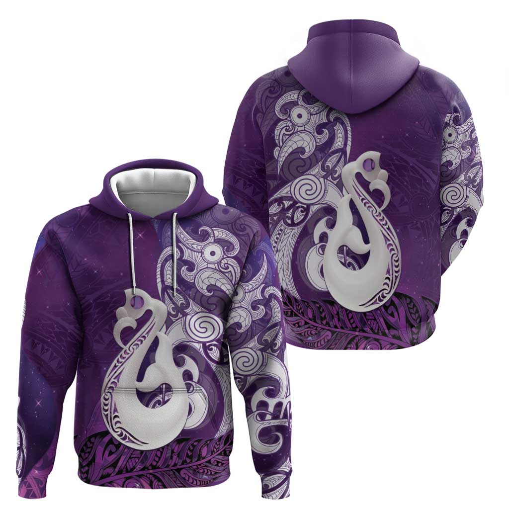 New Zealand Matariki Hoodie Maori Manaia Galaxy Silver Fern Purple Color