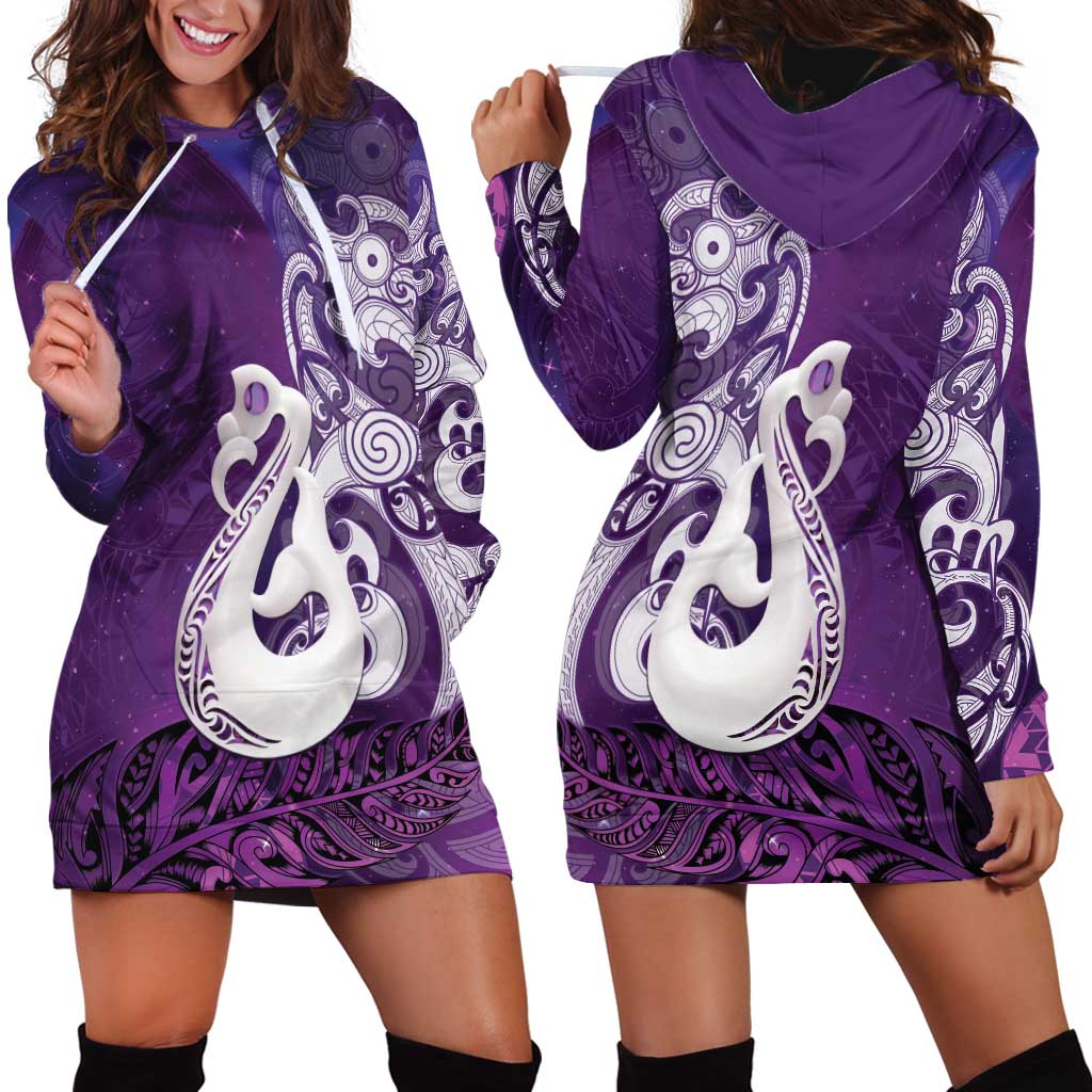 New Zealand Matariki Hoodie Dress Maori Manaia Galaxy Silver Fern Purple Color LT22 - Polynesian Pride