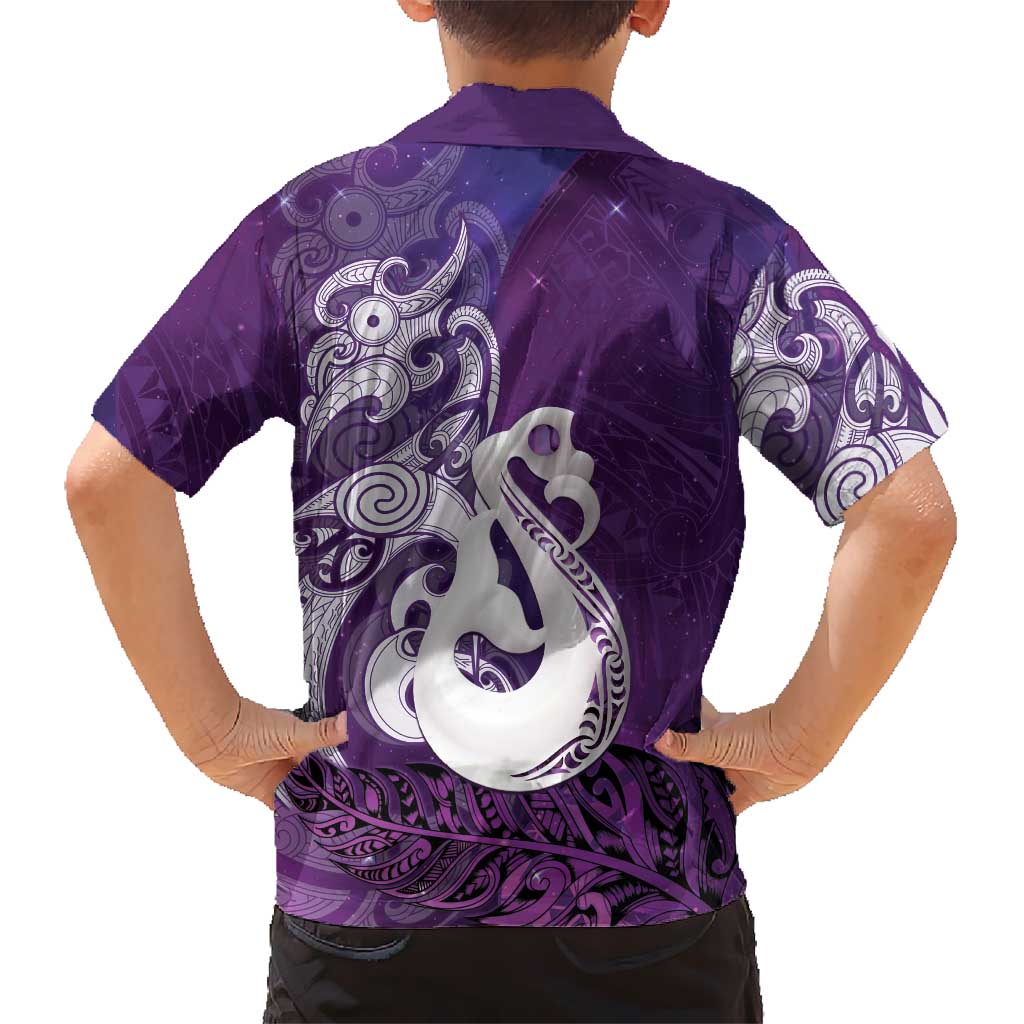 New Zealand Matariki Kid Hawaiian Shirt Maori Manaia Galaxy Silver Fern Purple Color