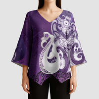 New Zealand Matariki Kimono Sleeve Blouse Maori Manaia Galaxy Silver Fern Purple Color