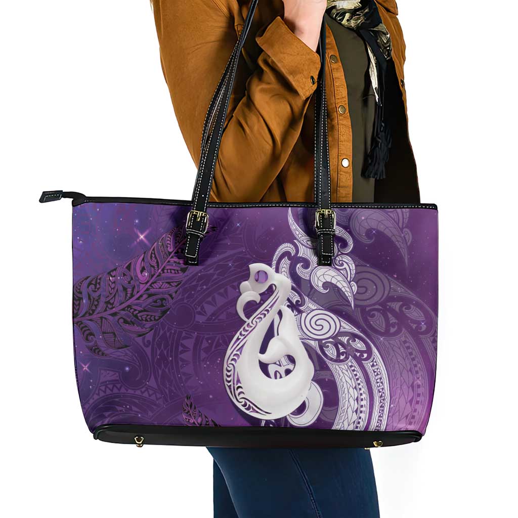 New Zealand Matariki Leather Tote Bag Maori Manaia Galaxy Silver Fern Purple Color