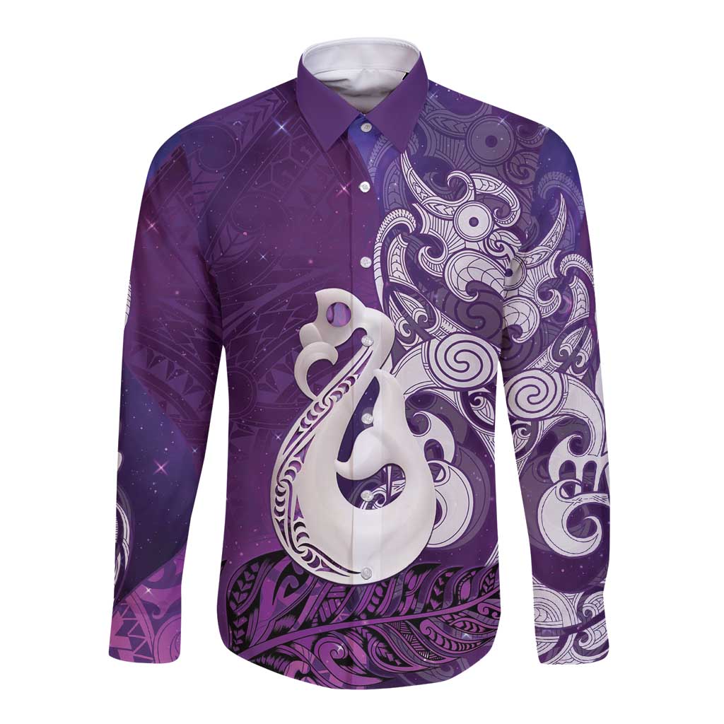 New Zealand Matariki Long Sleeve Button Shirt Maori Manaia Galaxy Silver Fern Purple Color LT22 Unisex Purple - Polynesian Pride
