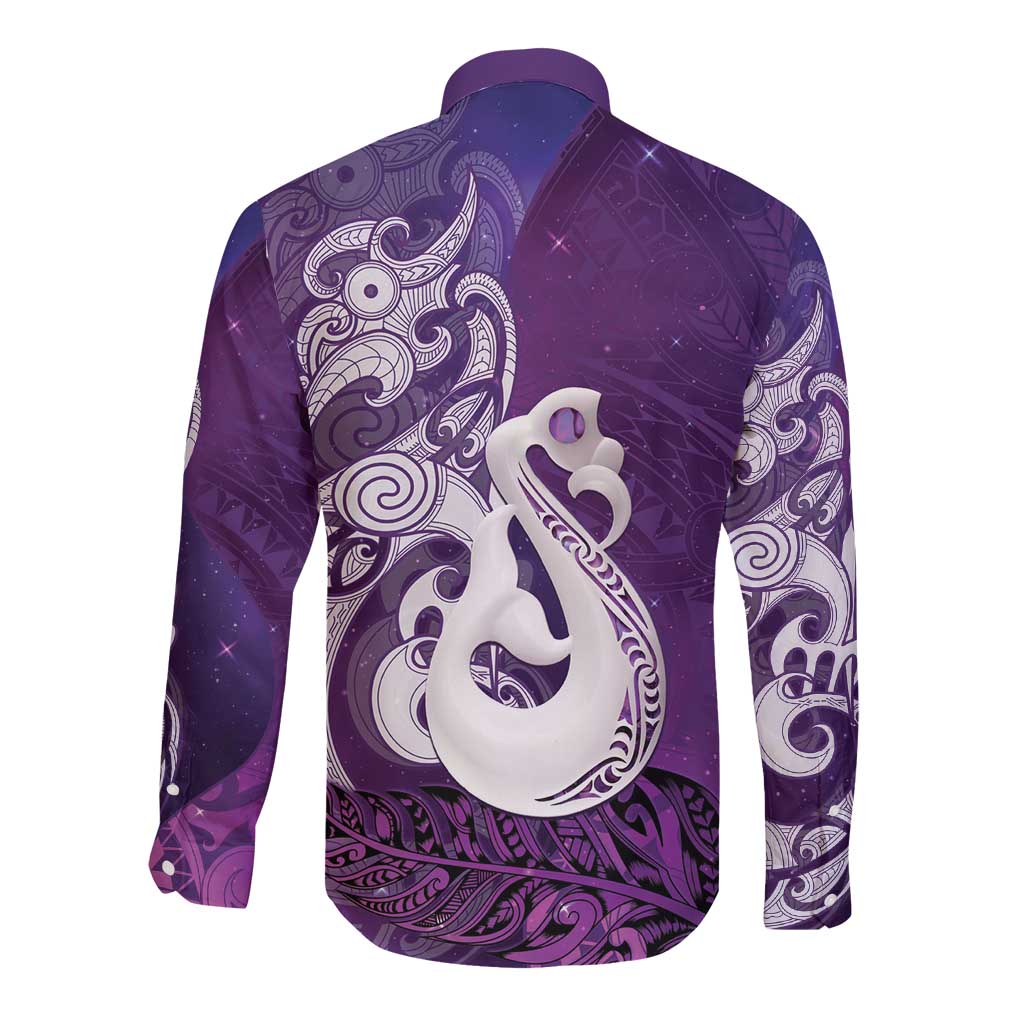 New Zealand Matariki Long Sleeve Button Shirt Maori Manaia Galaxy Silver Fern Purple Color LT22 - Polynesian Pride