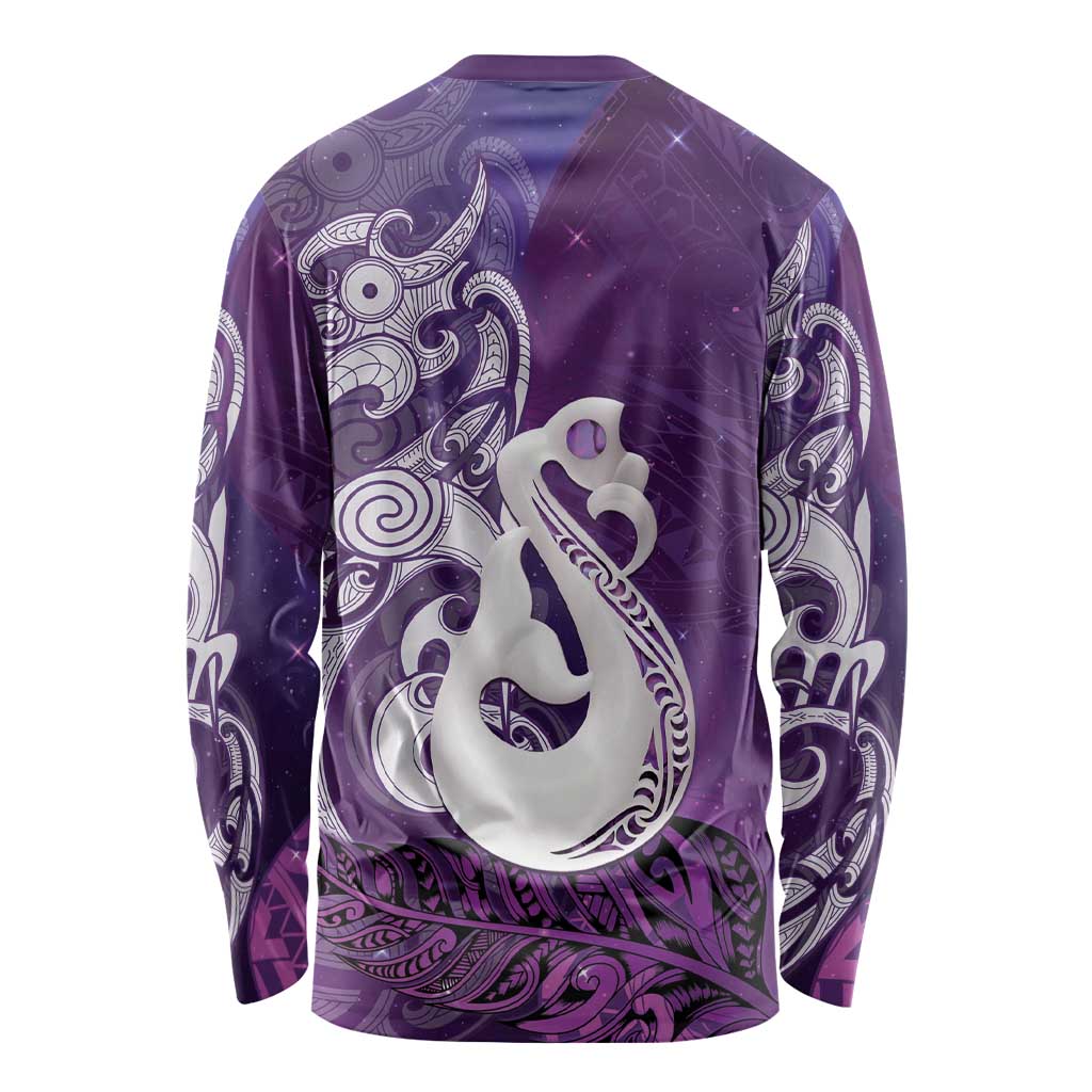 New Zealand Matariki Long Sleeve Shirt Maori Manaia Galaxy Silver Fern Purple Color