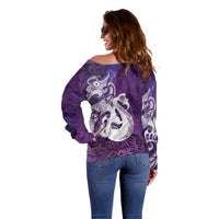 New Zealand Matariki Off Shoulder Sweater Maori Manaia Galaxy Silver Fern Purple Color LT22 - Polynesian Pride