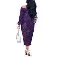 New Zealand Matariki Off The Shoulder Long Sleeve Dress Maori Manaia Galaxy Silver Fern Purple Color LT22 - Polynesian Pride