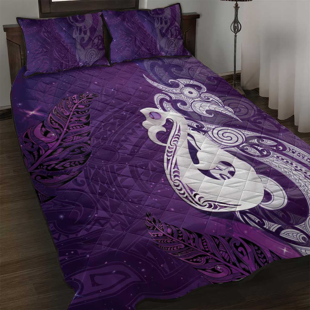 New Zealand Matariki Quilt Bed Set Maori Manaia Galaxy Silver Fern Purple Color